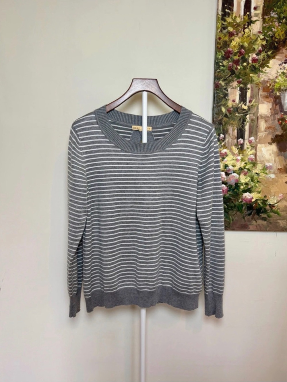 Mesh + Lace Gray Striped Open Back Sweater Crewneck Ribbed Knit Large